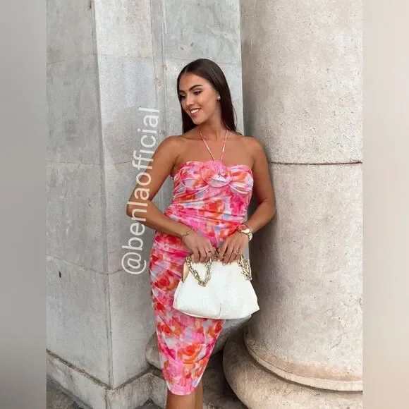 ZARA PRINTED TULLE MIDI DRESS PINK FLORAL - Picture 10 of 17